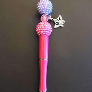 Custom Made Beaded Pink Butterfly Pen